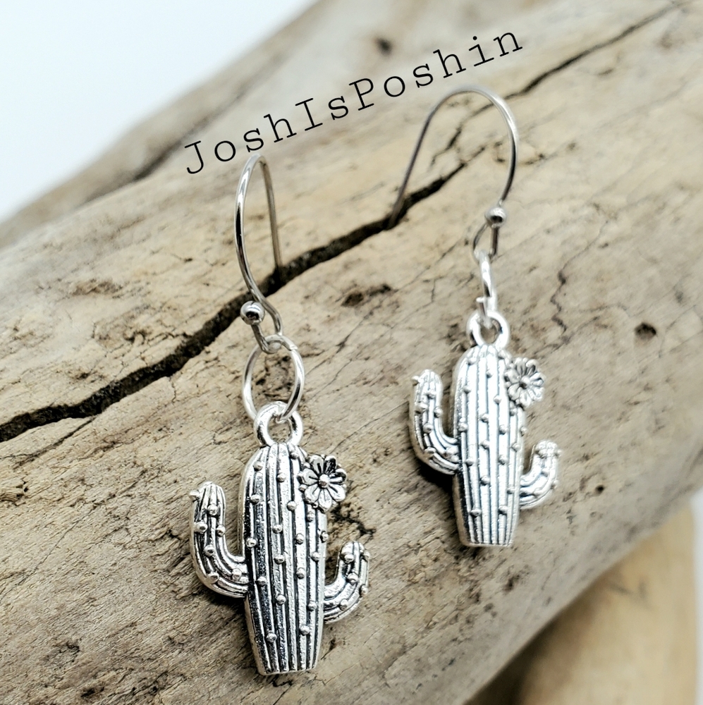 Silver handmade cactus hook earrings